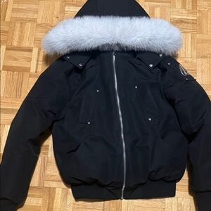 Moose Knuckles Black Puffer Jacket with Gray Fur Hood